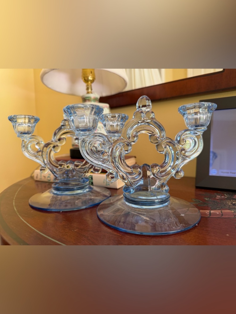 2 Blue Cambridge Glass Keyhole Double Taper Holder for 2 Candlesticks